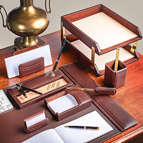Dacasso D3420 Classic Leather Desk Set, 10pcs, Chocolate Brown - Image 3